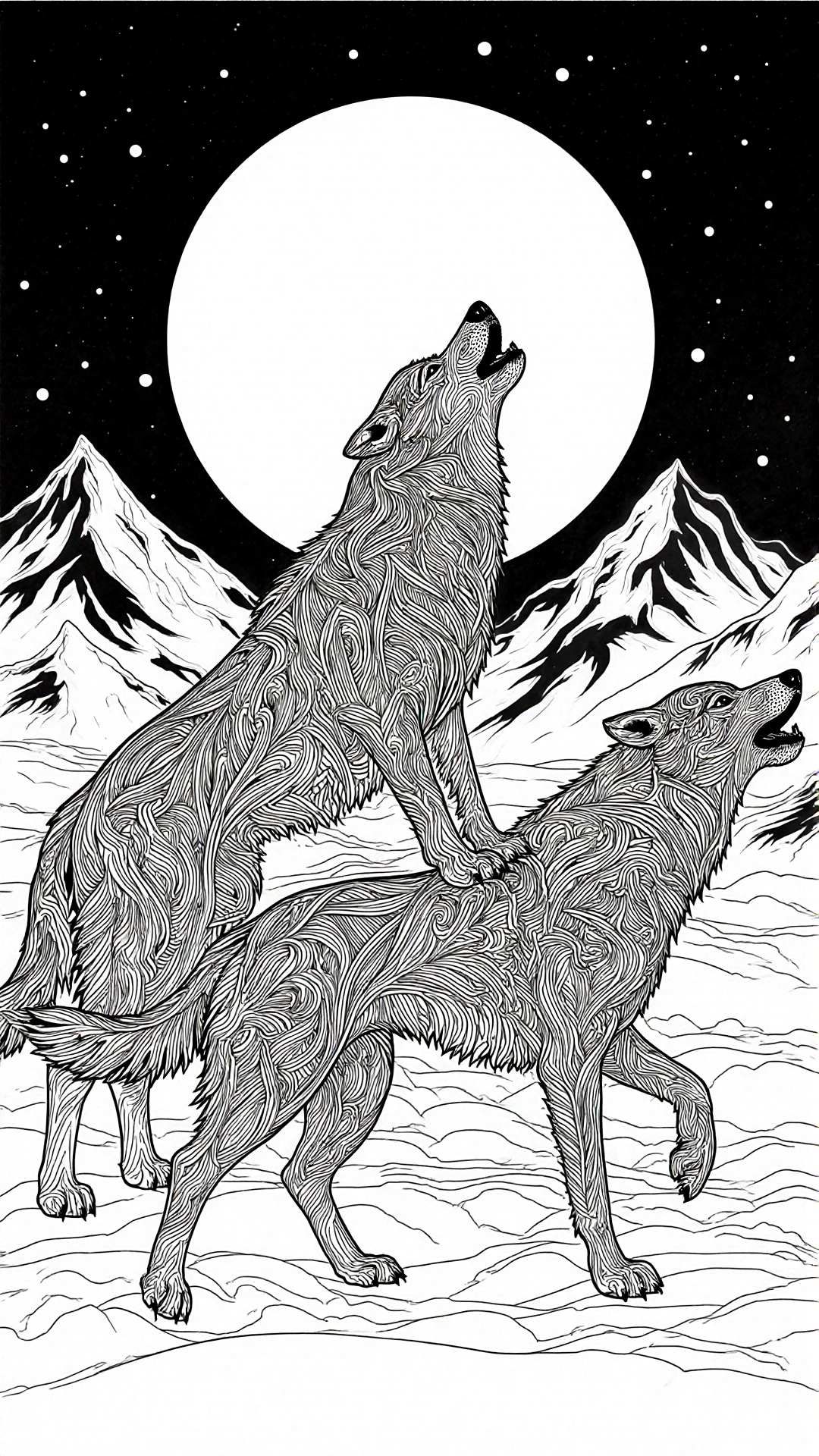 Two howling wolves in a detailed mandala-style line art under a full moon printable coloring page, detailed coloring page, kids' coloring page, coloring sheets.