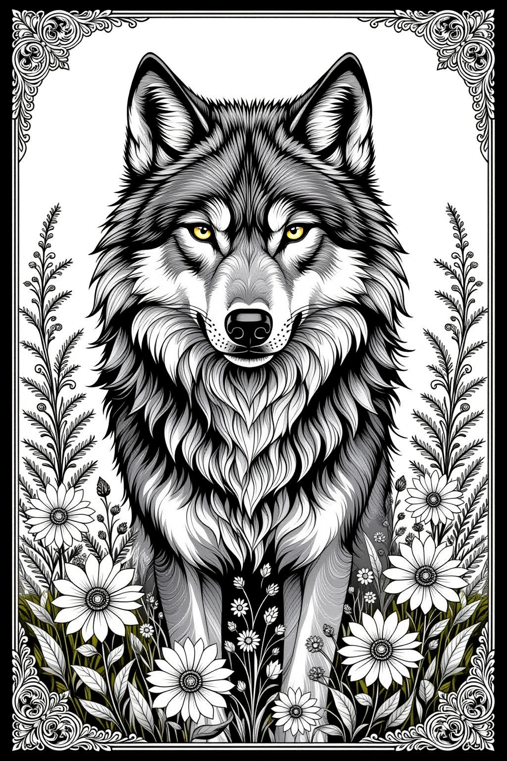 Black and white coloring page of highly detailed black-and-white illustration of a wolf with yellow eyes surrounded by daisies and leaves, ornate mandala-inspired border animal and spring theme
