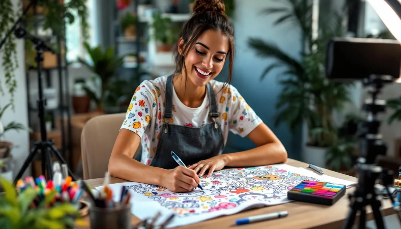 Creator showing channel‑themed coloring apparel